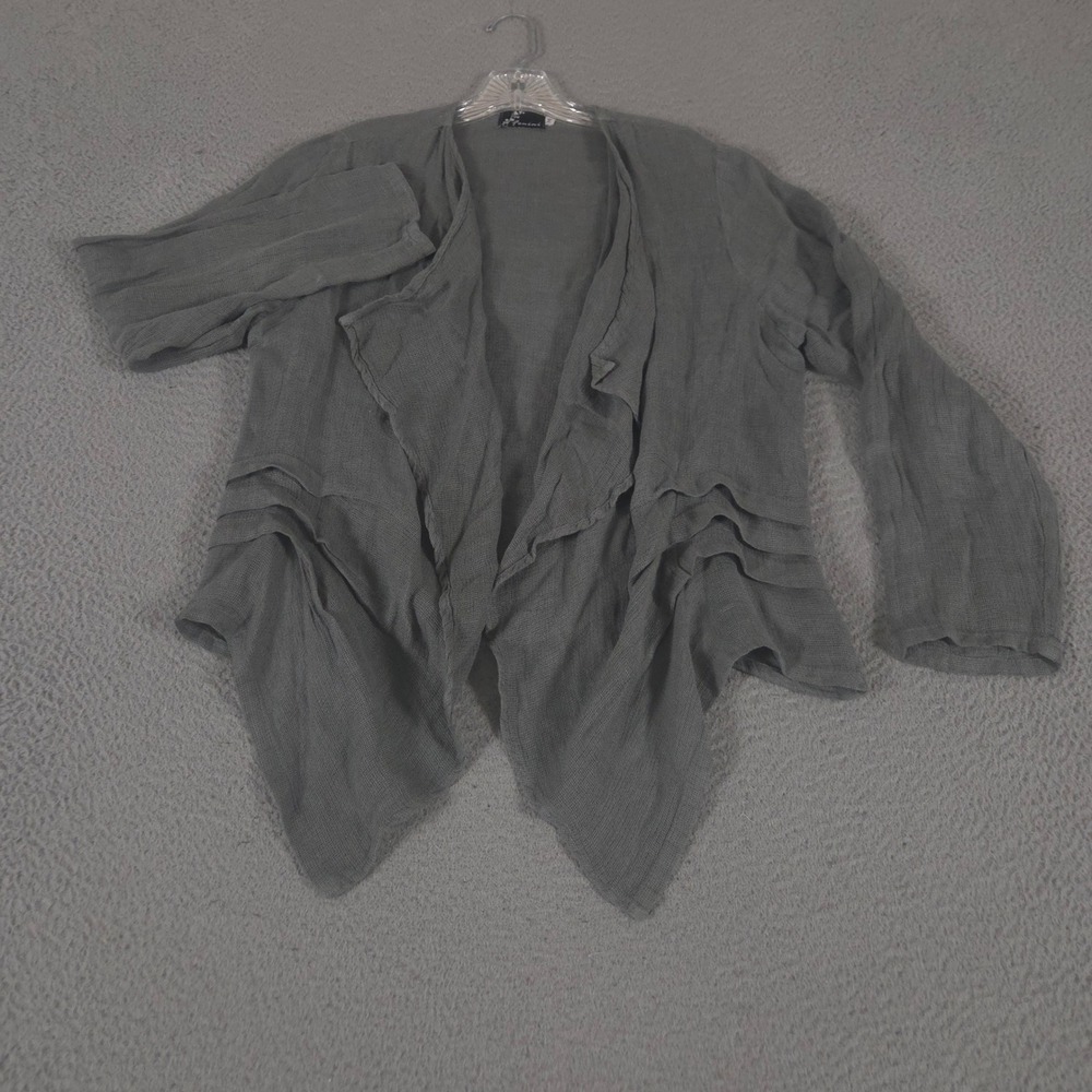 Fenini Sweater Womens M Gray Cardigan Crinkle Knit Open Front 100% Linen Tiered